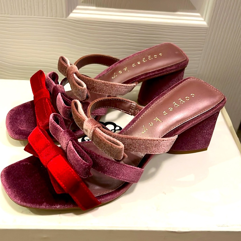 Copper Key Velvet Heels in Pink and Red